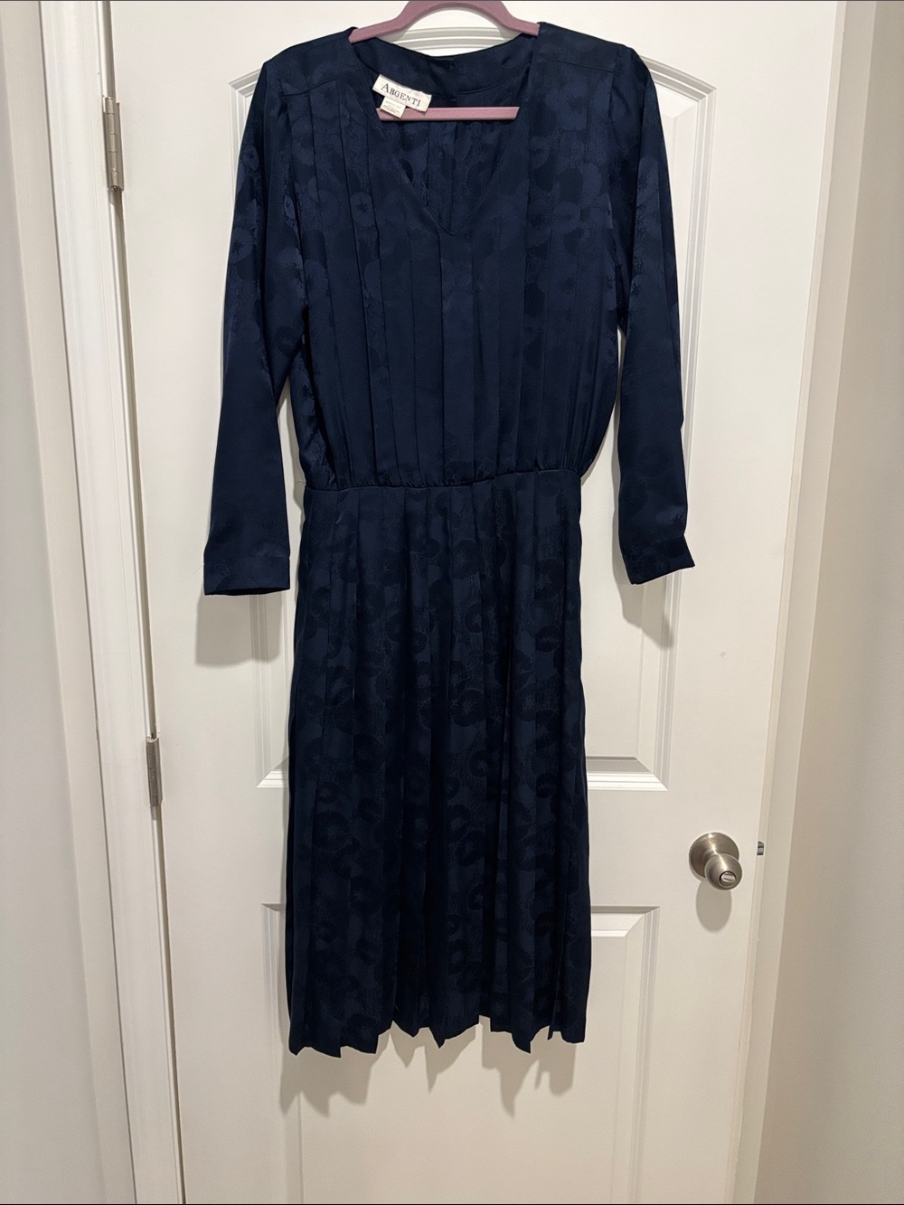 100% Silk Dark Navy Long Sleeve V-Neck Midi Dress